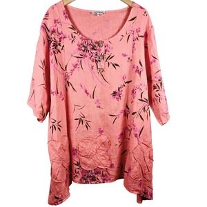 LINBLANC Women 48 Floral Print Coral Linen Tunic Top 3/4 Sleeve Button Up sz 16